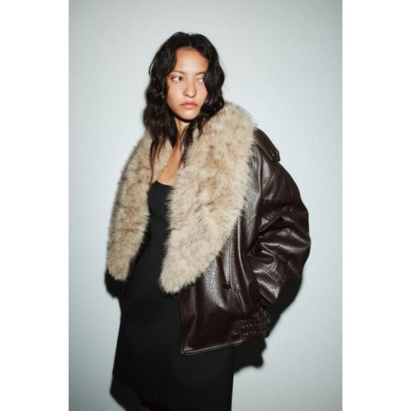 ZARA FAUX LEATHER JACKET WITH DETACHABLE COLLAR - Picture 1 of 12